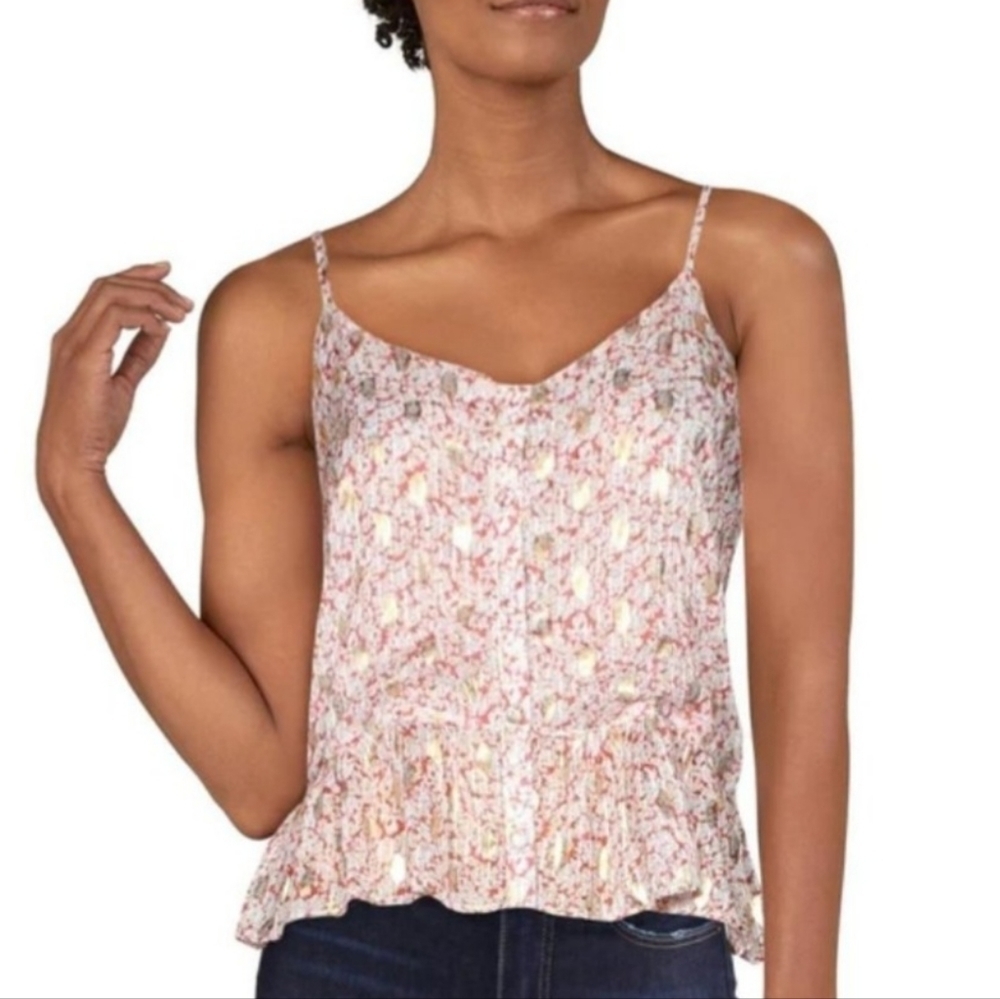 LINI Cordelia Ruffle Button Tank L Red Gold Metallic Crop Romantic Resort